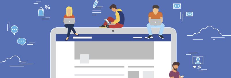 Social network web site surfing concept illustration of young people using mobile gadgets such as smarthone, tablet and laptop to be a part of online community. Flat guys and women on big notebook with symbols
